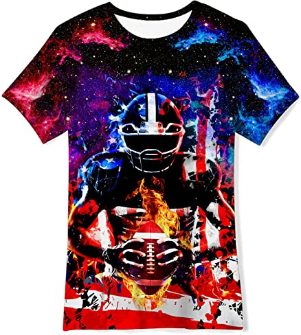 RAISEVERN Boys Shirts Size 10-12 Game Day Football Kids T-Shirt Novelty Graphic Print 3D American Flag Tees Funny Tops Summer Short Sleeve Shirt Outfits Size 12-14 Years Old