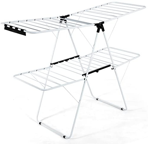 COSTWAY Folding Clothes Drying Rack, 2-Level Winged Clothes Airer Dryer Hanger with Height-Adjustable Gullwing, Freestanding Steel Laundry Rack Stand for Indoor Outdoor (33 Drying Rails+26 Sock Clips)