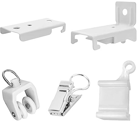 Curtain Track Accessories Set - 2 End Caps, 30 Rollers, 30 Clips, 13 Ceiling or Wall Brackets, 13 Screws and Anchors for Rail Fittings