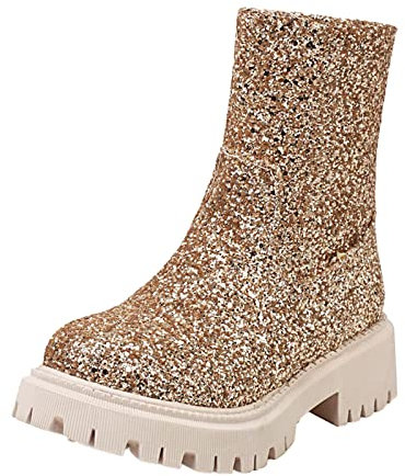 Damenschuhe Damen Stiefeletten Pailletten Ankle Boots Stiefel Mode Damenschuhe Britischer Stil Winter Niederung Absatz Reißverschluss Kurzstiefel Damenstiefel Cowboystiefel Gold,40