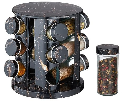 Relaxdays Portaspezie da Cucina, 12 Barattoli, Fori Spargispezie, Girevole a 360°, HxD: 22x19 cm, Effetto Marmo, Nero