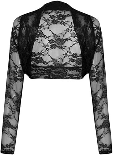 R&N FASHIONS New Womens Long Sleeve Top Cropped Long Sleeves, Flowery Lace, Open Front, Bolero Cardigan Ladies Shrug Sizes (Black Lace, M-L)