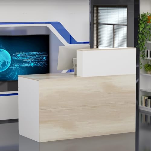 PREMTURE Banco della reception, grande bancone della reception, cassette con scomparti aperti, reception, banconi della reception, mobili da ufficio, colore legno e bianco, 140 x 60 x 110 cm, MDF