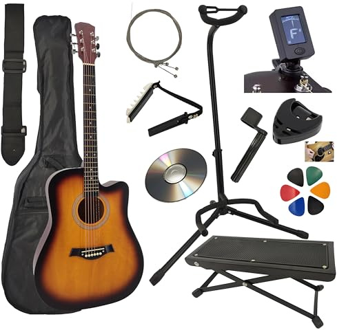 AMROVA Guitare Acoustique Folk 4/4 Adulte 41 Pouces + Support Guitare + Repose Pied + 9 Accessoires Cour Vidéo et CD (Sunburst)