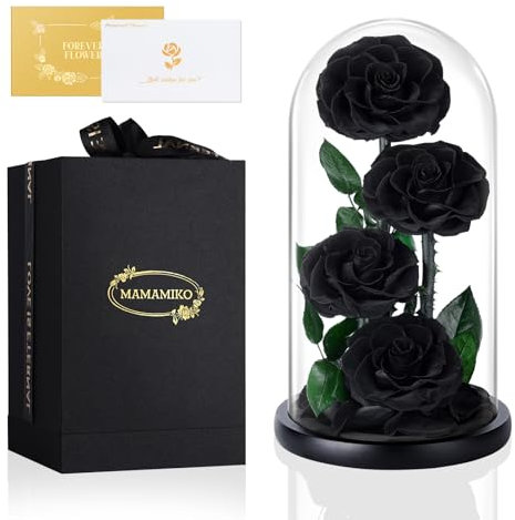 4 Forever Real Rose in a Glass Dome, Eternal Black Roses Flowers Preserved for 5 Years, Unusual Gifts for Her Woman Wife Girlfriend on Mother's Day, Birthday, Anniversary, Valentine's Day, Black