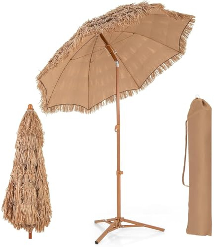GOPLUS Sonnenschirm Hawaii, Ø 175 cm Strohschirm mit Ständer, Strandschirm Stroh um 30° knickbar, Terrassenschirm tragbar leicht mit Tragetasche, Sonnenschirm klappbar für Strand, Balkon & Garten