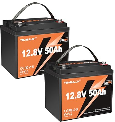 Yeagulch Batterie Lithium 2 x 12V 50Ah LiFePO4 – BMS 50A Intégré, 6000 Cycles, 640Wh 12V Batterie LiFePO4 Rechargeable adaptée au Camping-Car, Stockage Solaire, Hors Réseau