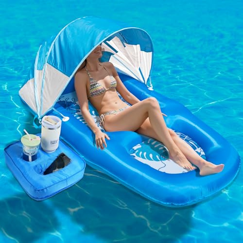 Fabric Covered Inflatable Pool Lounger Float Adult, 70x39 Extra Large Pool Float w/ UPF50+ Sunshade Canopy & Cupholder Caddy, Water Floaties Raft Recliner Chair for Pool Party Lake Beach-Blue