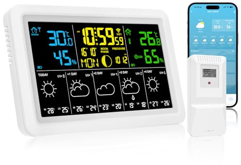 AIYUNDI Wetterstation Funk mit 1 Außensensoren, Farbdisplay - Präzise Wettervorhersage, Innen/Außen Temperatur & Luftfeuchtigkeit,Schlummerfunktion, zum Stellen/Hängen,Batteriebetrieb und Netzbetrieb