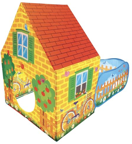 Casetta Gioco per Bambini con Giardino Recintato, Casa in Stile Country con Tetto Rosso, Area Gioco Esterna