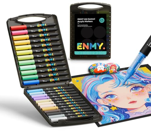 ENMY 24 färger kreativa markörer för akrylmålning, vattenbaserade akrylmarkörer, pensel, flytande akrylfjädrar, för trä, sten, duk, glas, tyg
