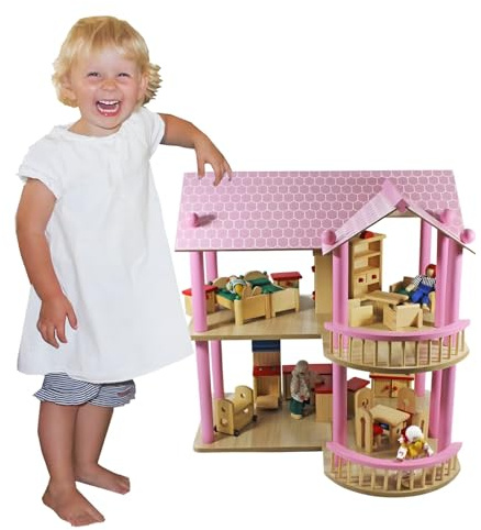 Maison de poupée en bois | Maison de poupée en bois à 2 étages | 4 poupées et meubles de poupée | Maison de jeu pour enfants | Maison de poupée avec meubles en bois et famille de poupées et
