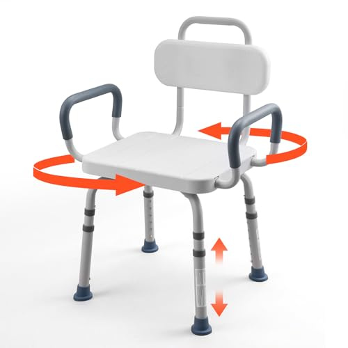 VEVOR Silla de Bañera con Asiento Giratorio, Brazos y Respaldo, Carga de 180 kg, Altura Ajustable de 405 a 530 mm, Asiento de Bañera para Adultos, Personas Mayores, Personas con Discapacidad