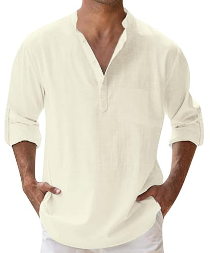 Camicia Lino Uomo Slim Fit Oversize In Abbigliamento Estivo Magliette Maniche Lunghe Cotone T Shirt Collo Coreana Manica Lunga Corta Camicie Estive Maglietta Taglie Forti Kimono,Beige,3XL,Beige