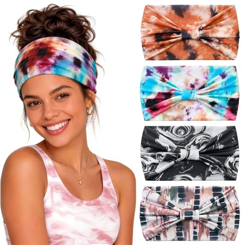 Kavya Fascia Capelli Donna, 4 Pezzi Elastico Bandana Elegante Accessori Sportiva Yoga Donna Boho Fasce Elastiche Multicolore