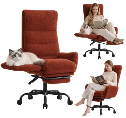 Submi Chaise de Bureau Direction, Chaise Bureau Ergonomique avec Repose-Pieds, Fauteuil Bureau avec Accoudoirs Basculants pour Jambes Croisées, Siège Large Chaise Direction en Tissu Teddy, Marron