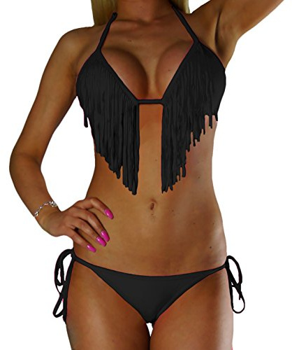 ALZORA Bikini para mujer, con flecos, borla, con cintas, conjunto de top y pantalones, 10195, Negro , S