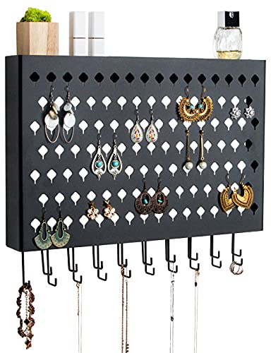 JackCubeDesign Wall Mounted Jewelry Organizer, Earring Necklace Bracelet Holder Display Hanger with 109 Holes & 19 Hooks (Black,16.5 x 2.4 x 13.2 inches) - MK329A
