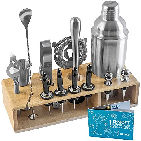 Juego de Coctelera Profesional 17 Piezas – Cocktail Kit con Shaker 750ml, Jigger, Cuchara, Soporte Bambú, Libro de Cocteles – Bartender Kit de Cocteleria para Mojito Martini Gin – Idea Regalo – BlauKe