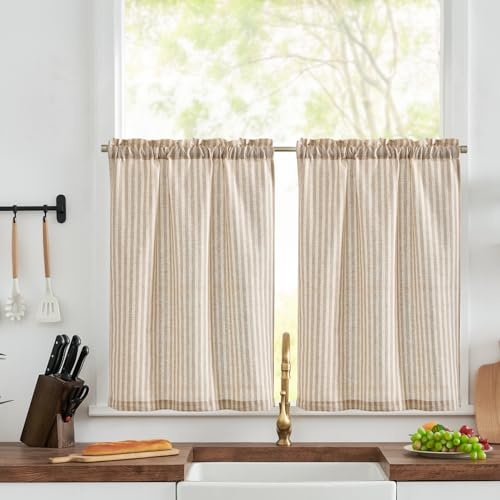 TOPICK Rideaux Cuisine Courts Brise Bise Moderne Placard Chambre a Rayure Marron sur Beige 65Lx60H cm, Brise-Bise Semi-Transparents en Effet Lin Légers et Décoratifs pour Evier Petie Fenetre Lot de 2