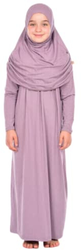 Prien Kids Prayer Dress Muslim Clothes For Girls Long Sleeve Abaya With Hijab Two Piece Maxi Islamic Set Scarf Kaftan Jilbab (Lilac)
