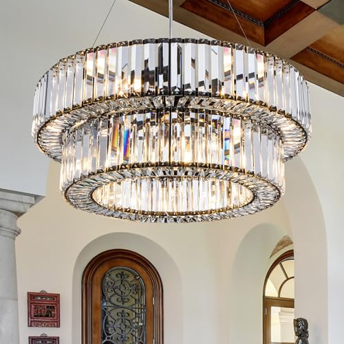TOCHIC Black Crystal Chandeliers 9 Lights Modern Chandeliers for Dining Room, Vintage Light Fixture for Bedroom, Foyer, Entryway, High Ceiling Chandelier with 2 Tiers Crystal, 24 D