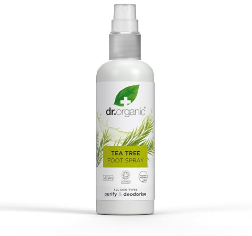 Dr Organic Teebaum Fußspray, Desodorierend, Reinigend, Schnelltrocknend, Aluminiumfrei, mit natürlichem Pfefferminzöl, Vegan, Tierversuchsfrei, Paraben- & SLS-frei, Zertifiziert Bio, 100ml