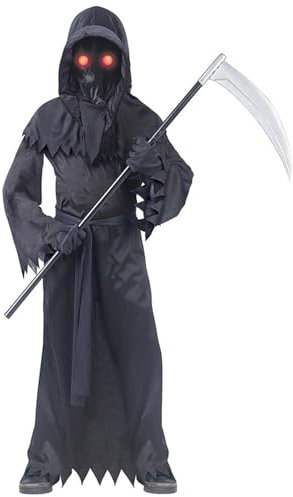 Faxianther Kids Black Grim Reaper Costume Kit Girls Boys Spooky Death Robe Gown Headcover Black Gloves Sickle Set Cosplay Halloween Costume Clothes Outfit Dress Up Prop for 8-12 Yrs