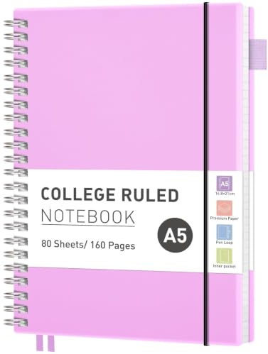 RETTACY A5 Spiral Notebook, Lined Journal, Notepad, 160 Pages, Lilac | Flexible Plastic Cover Note Book, 100 GSM College Ruled Paper, with Pocket, Pen Loop, Ruler & Bookmark - 14.5 × 20.7 cm
