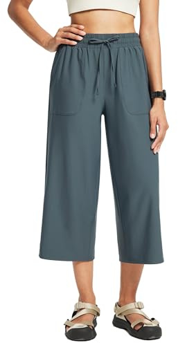FitsT4 Sports Pantalon de randonnée 3/4 pour femme - Coupe large - Capris d'été - Léger - Respirant - Cordon de serrage, gris, L