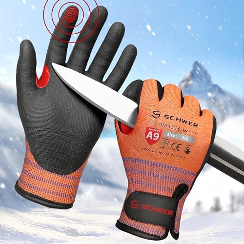 Schwer Level A9/F Gants de travail d'hiver pour homme et femme, gants résistants aux coupures pour une protection extrême, gants de congélation avec super adhérence, écran tactile, isolation thermique
