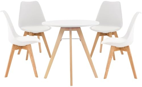 CLP Grupo de Asientos Livik I Juego de 4X sillas Linares y 1x Mesa Viktor I Tablero Redondo Ø 75 cm I Grupo de Comedor Moderno, Color:Blanco