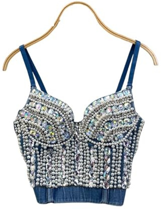 GUIBEIZU Corsetto da donna in denim estivo con strass scintillanti, corsetto da donna, reggiseno integrato, diamanti di cristallo, perle, jeans di lusso, top di alta strada, club, feste, corsetto top,