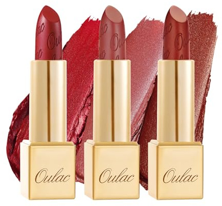Oulac Rotes Metallic-Glanz-Lippenstift-Set, Mattes Metallic-Finish, Hochpigmentierte und Feuchtigkeitsspendende Formel, Glatt und Kornfrei, Vegan 3PCS