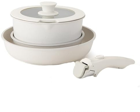 Topfset Töpfe Pfannen Abnehmbarer Griff: Kochgeschirr Set Induktion Töpfe mit Antihaft Beschichtet für Alle Herdarten Spülmaschinenfest (Gebrochenes Weiß, 5 Teiliges Set)