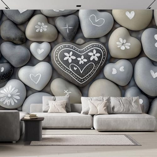 DLERFLOVR Papel Pintado Panorámico 200x140cm, Piedra En Forma De Corazón Papel Pintado Patrón De Guijarros 3D Papel Tapiz Fotomurales de Seda para Tv Fondo Pared, Dormitorio Decoración