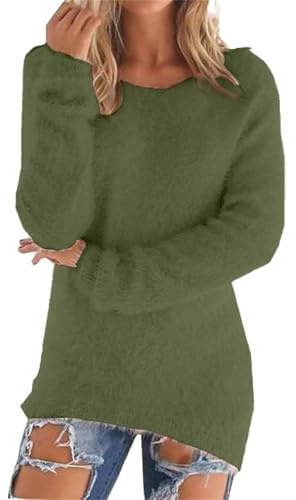 Fluffy Loungewear, Women's Fuzzy Knit Sweater Shirts Oversized Cozy Pullover Jumper Tops Long Sleeve Crewneck Casual Winter Warm Fleece Loungewear Army Green XXL