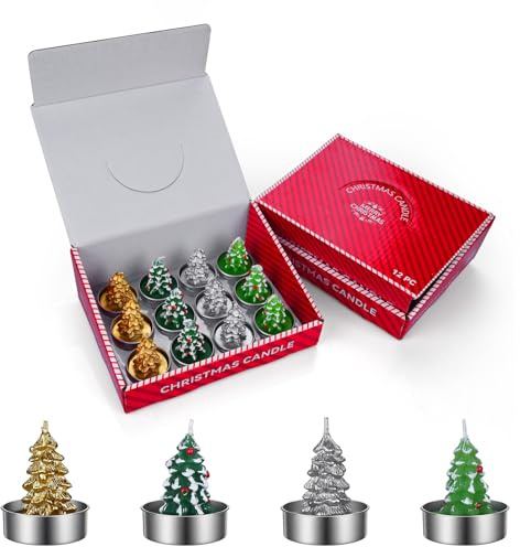 Lot de 12 Bougies Sapin de Noël par MMOBIEL – Bougies Décoratives non Parfumées en Cire de Paraffine in Or, Argent et Vert – Décoration Intérieure De Noël – Idée Cadeau
