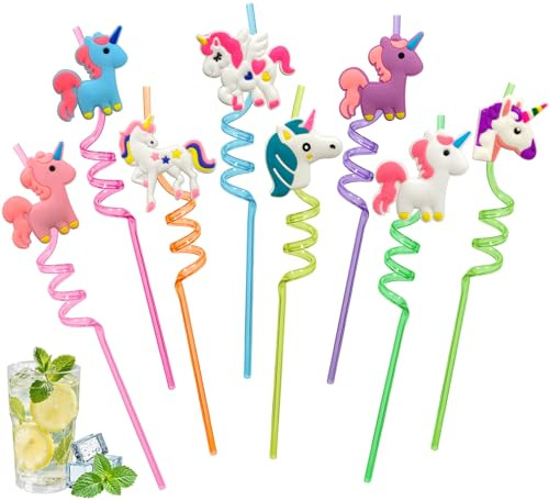 8 Pezzi Cannucce Unicorno Bambini Riutilizzabili, Cannucce Curva Plastica con Spazzola Pulizia, Decorazioni Tavola Compleanno Bimba, Gadget e Regalini per Feste (Unicorno)