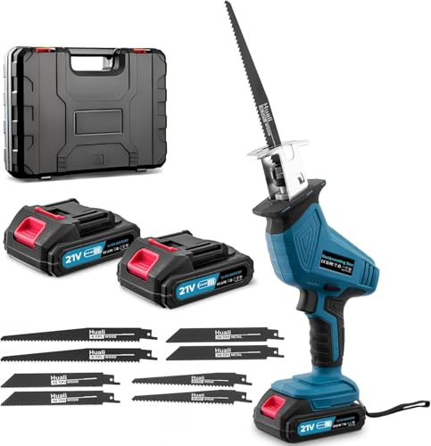 Papasbox Scie sabre sans fil 0-4000 tr/min | Scie réciproque avec éclairage LED et 2 batteries de 2000mAh, chargeur rapide 21V | Scie universelle avec 8 lames de scie pour bois, métal, PVC