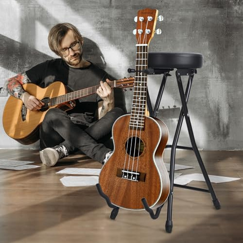 Bluethy Guitar Stool and Stand, Folding Chair with Guitar Stand, Retractable Hook, Portable Folding Stool for Adult, Collapsible Guitars Foot Stools (Black)
