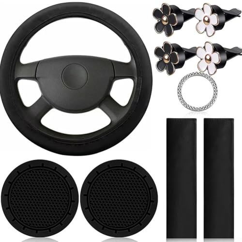 Besttoolifes Set di coprivolante da donna con cuscinetti per cinture di sicurezza, portabicchieri e adesivo con strass, kit di accessori per interni dell'auto, 10 pezzi (nero)