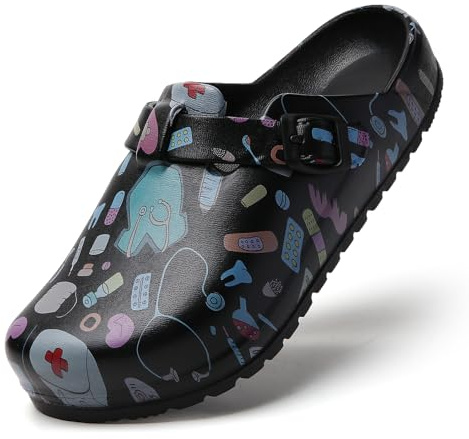 SECHRITE Kvinnors arbetsklockor bågstöd slip-on mules halkbeständiga trädgård sjuksköterska kock köksskor vadderade tryckta sandaler tofflor