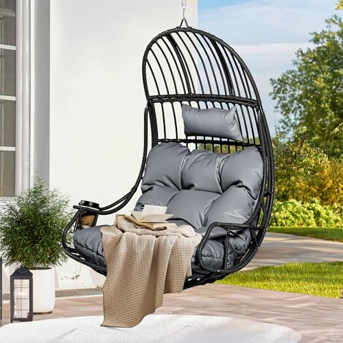 YITAHOME Silla Colgante de Ratán (150 kg), con Cojín y Portavasos, Gris