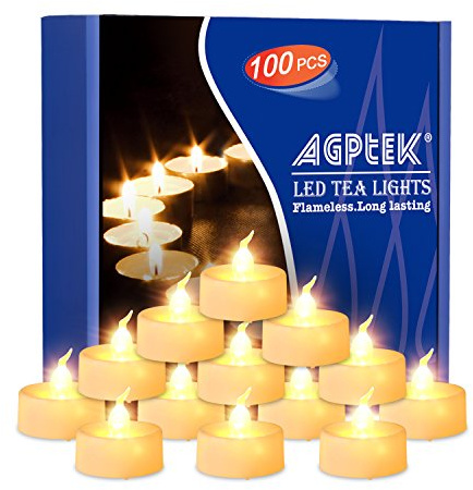 AGPTEK Lot de 100 fausses bougies chauffe-plat électriques à piles LED sans flamme pour Noël, Halloween, décoration de mariage - Blanc chaud - 3,6 cm