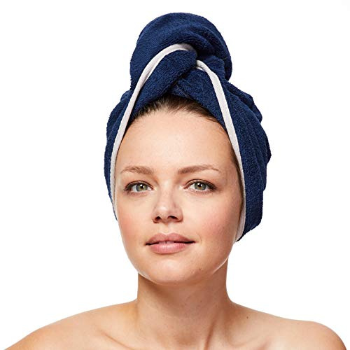 Sowel® Haarturban aus 100% Bio-Baumwolle, Turban Handtuch mit Knopf, Damen und Herren, Navy/Grau
