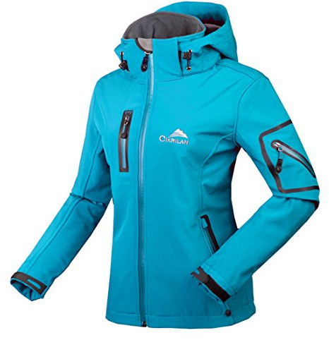 BOSOZOKU Womens Waterproof Soft Shell Jacket, Fleece Lined Hoodie Windproof Jacket Camping Hiking Outdoor Winter Coat, sky blue, XL