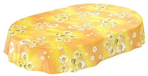 ANRO Wachstuchtischdecke Wachstuch Wachstischdecke Tischdecke Kamille Gelb Blumen Sonne Oval 180x140cm abwaschbar eingefasst