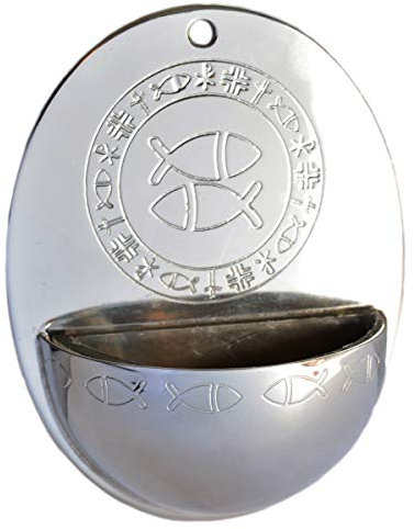 Bénitier Poisson, vasque seau à eau bénite en laiton nickelé, couleur argent à suspendre 7,5xH10cm