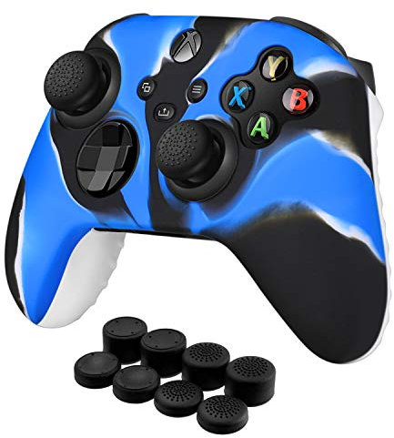 TNP Hülle für Xbox Series X/S Controller, Xbox Series S/X Controller Case, Schutzhülle aus weiches rutschfestes Silikon Skin, Anti-Rutsche Griffe, Spielenzubehör mit 8x Daumengriffkappen, Tarnung Blau
